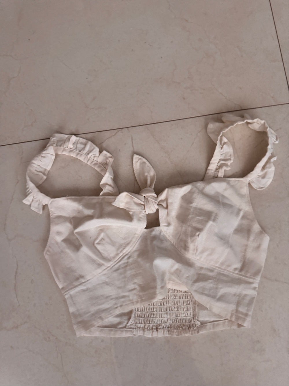 Express Cream Ruffle Strap Tie-Front Crop Top